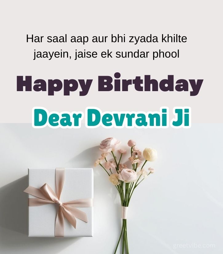 Happy Birthday Wishes for Devrani Ji in Hindi with Flowers and Gifts